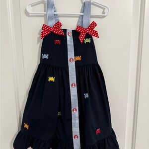 Navy Blue Dress with Embroidered Crabs and Red Bows